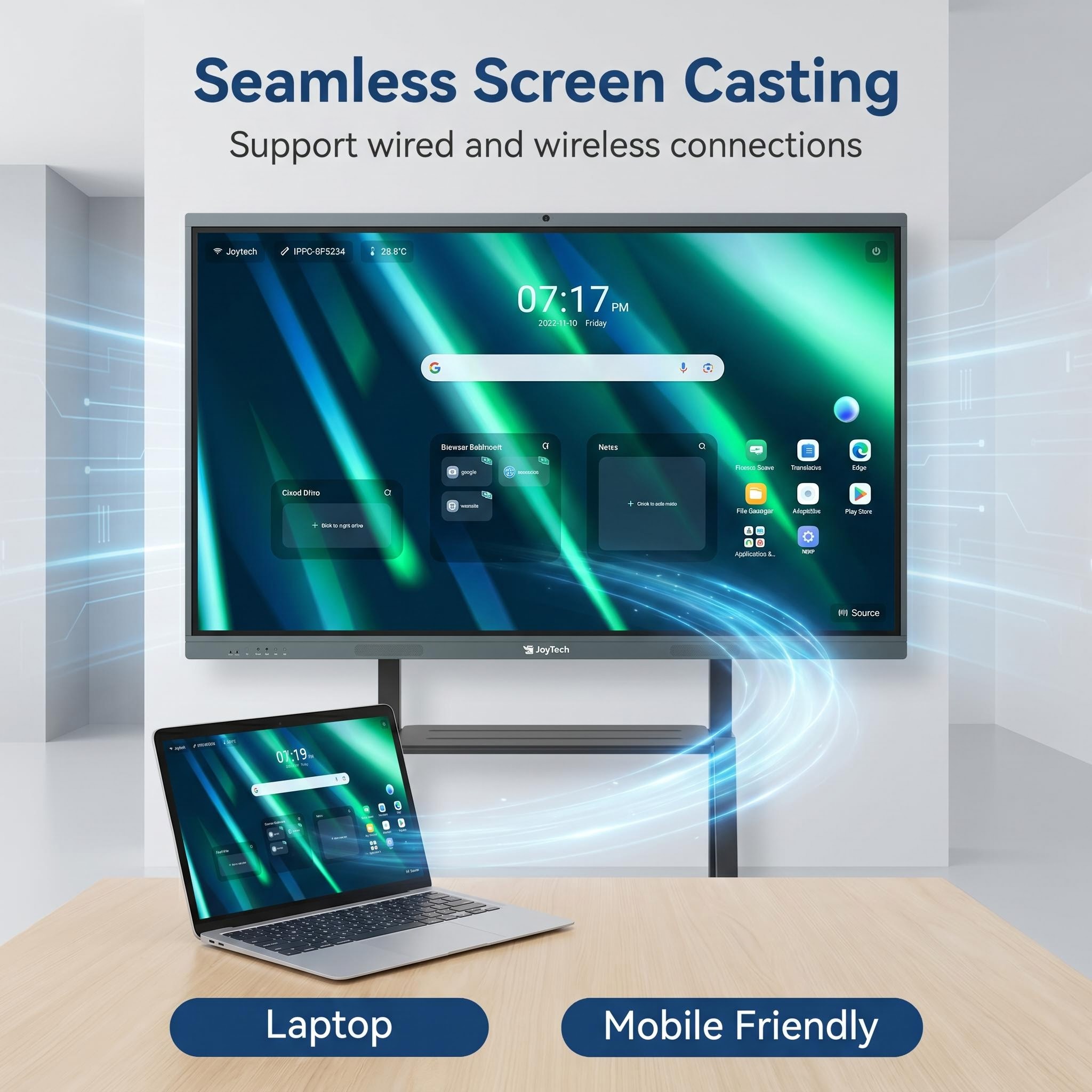 Four devices casting wirelessly to a JoyTech Interactive Display